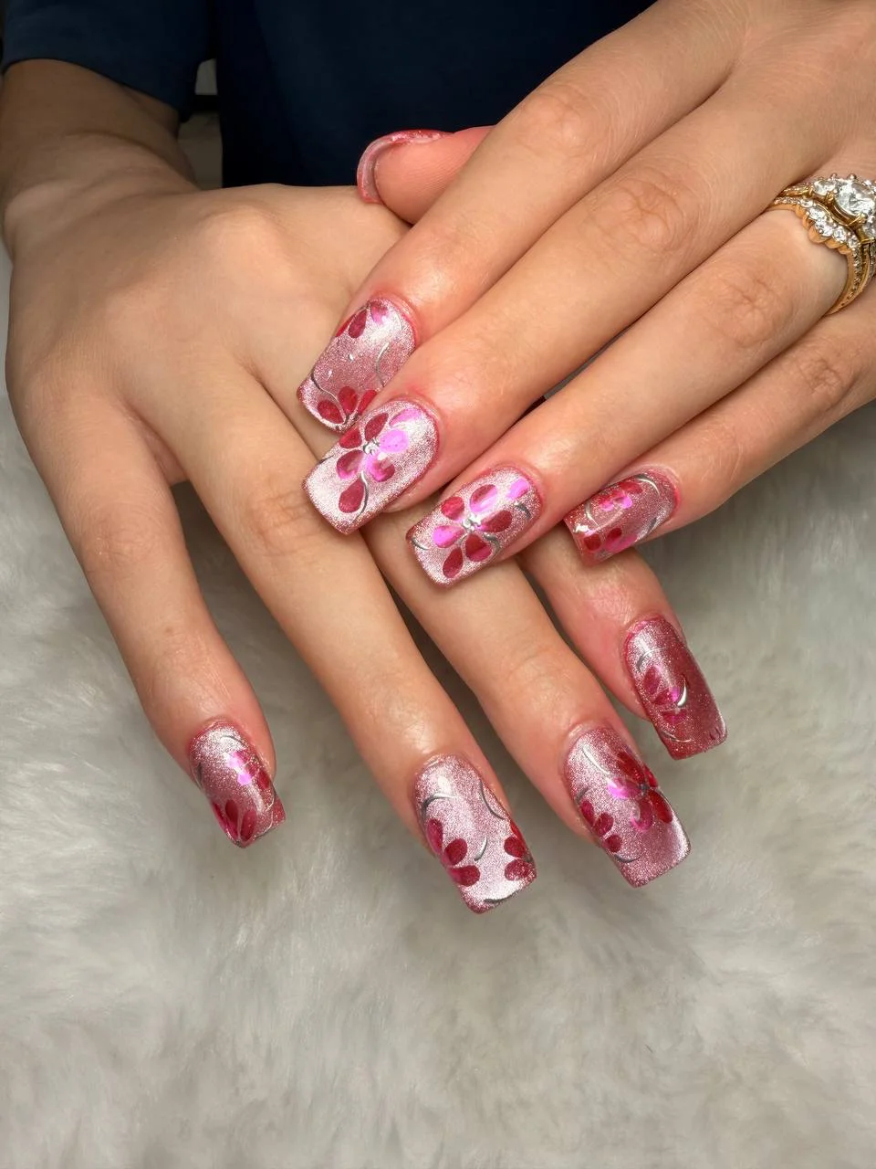 Red and white floral nails